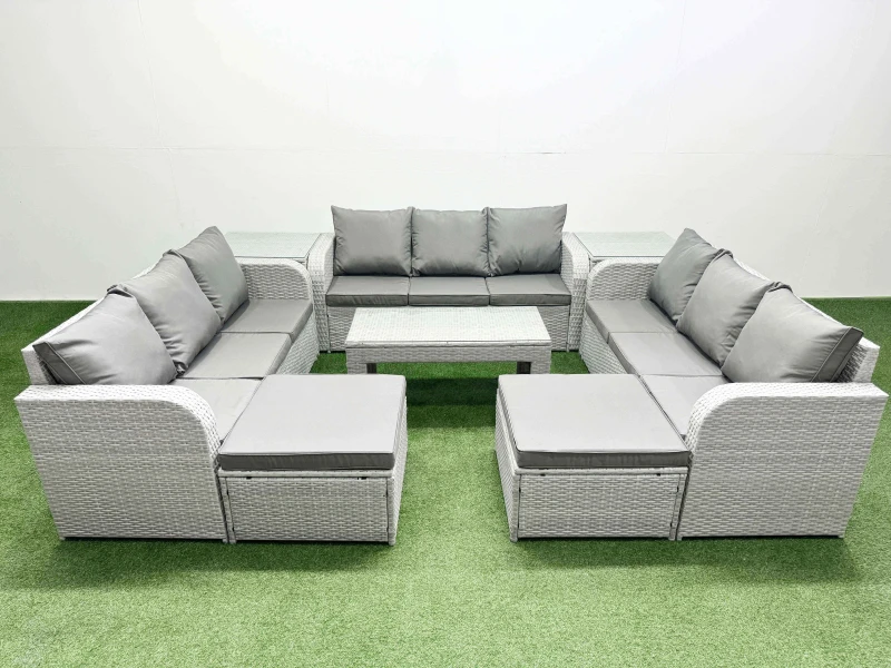 Image of Fimous PE Rattan Lounge Sofa Set 11 Seater Outdoor Garden Furniture Set with Oblong Coffee Table 3 Seater Sofa 2 Big Footstools 2 Side Table Light Gre
