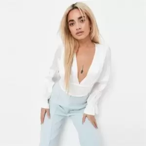 Image of Missguided Satin Ls Plunge Bodysuit - White