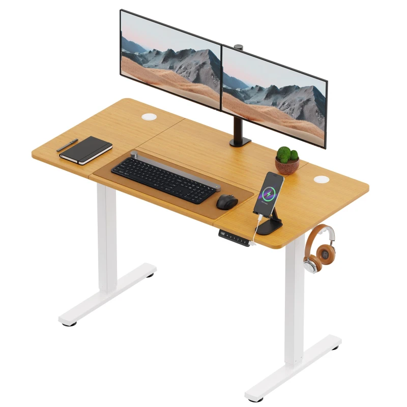Image of VonHaus Large Adjustable Maple Electric Standing Desk with USB C Charging Light Brown