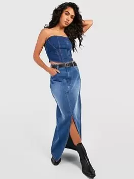 Image of Boohoo Split Front Denim Maxi Skirt - Mid Blue Size 10, Women
