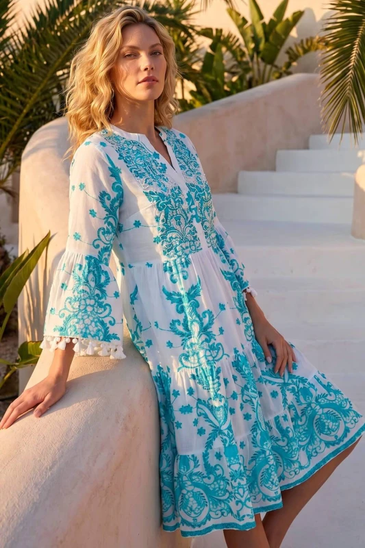 Image of Roman Womens Embroidery Bead Detail Smock Dress in Blue Size: 20 Blue Female 20