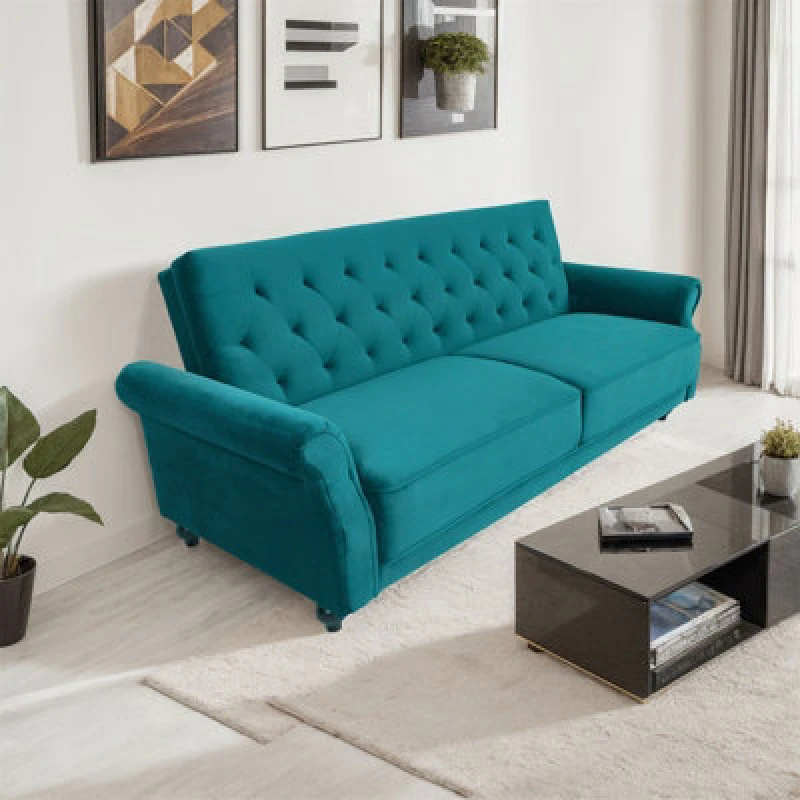 Image of 3 Seater Sofa Bed, 225Cm Velvet Click Clack Sofa Bed With Solid Wood Legs - Blue
