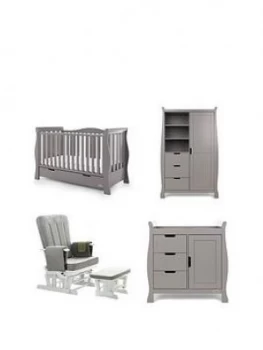 image of Obaby Stamford Luxe Sleigh 3 Piece Nursery Furniture Set & Deluxe Glider Chair, Grey