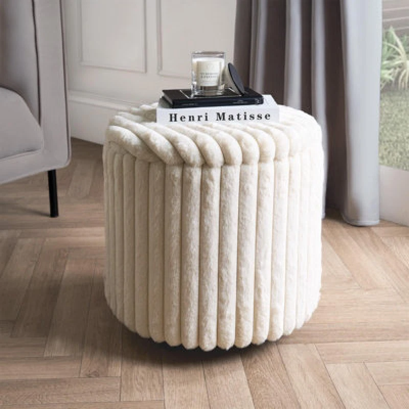 Image of OHS OHS Ribbed Faux Fur Ottoman Storage Box with Lid Folding Footstool Tub in Cream Cream One Size Unisex 5027434229574