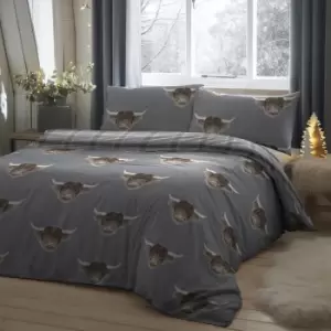 Image of Fusion Highland Cow Grey Reversible Duvet Cover and Pillowcase Set Grey/Brown/White