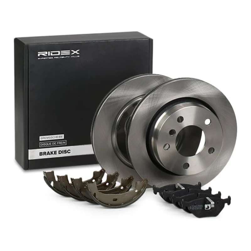 Image of RIDEX 3405B1689 Brake disc and pads set without lever, Rear Axle, Brake Disc Type: internally vented, excl. wear warning contact, with piston clip Br