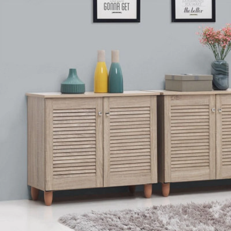 Image of Timber Art Design Modern Shoe Storage Cabinet 2 Doors Footwear Stand Rack Unit Cupboard Sonoma Oak