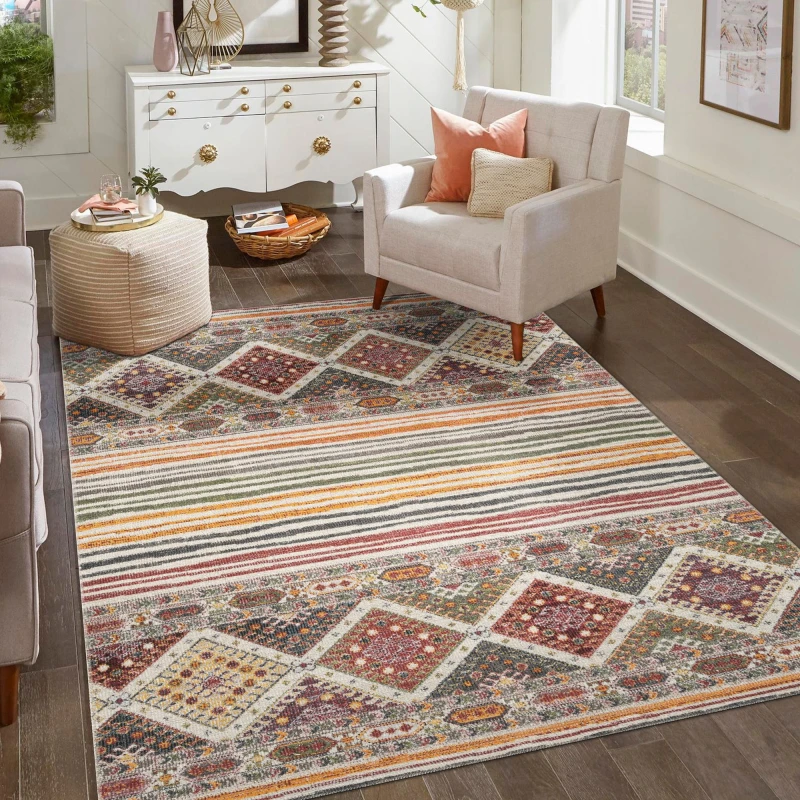 Image of Aress Washable Traditional Living Room Area Rug -Low Pile Aztec Design Muti Coloured 200Cm X 290Cm