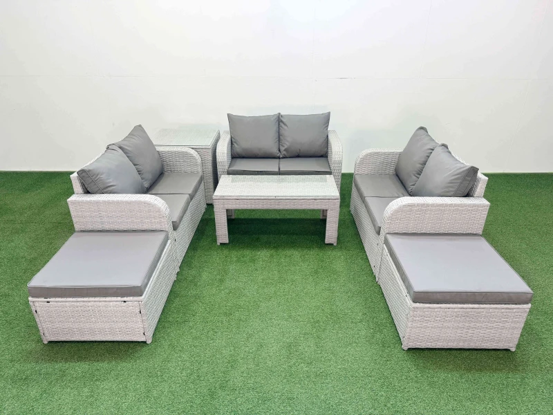Image of Fimous 8 Seater PE Wicker Rattan Furniture Sofa Sets with Oblong Coffee Table 2 Seater Love Sofa 2 Big Footstool Side Table Light Grey Light Grey