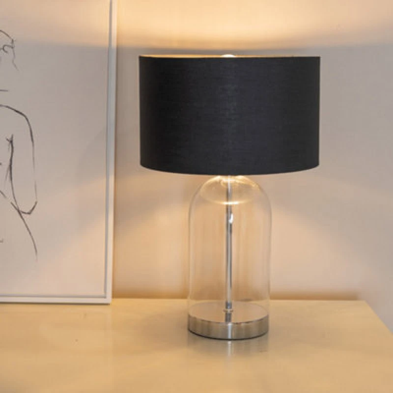 Image of ValueLights ValueLights Jessy Glass with Silver Trim Table Lamp with Fabric Drum with Chrome Inner Shade in Black One Size Unisex 5059406061011