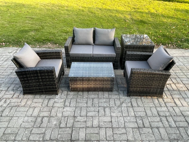 Image of Fimous Outdoor Lounge Sofa Set Wicker PE Rattan Garden Furniture Set with Coffee Table Double Seat Sofa Side Table in Dark Grey Dark Grey Unisex