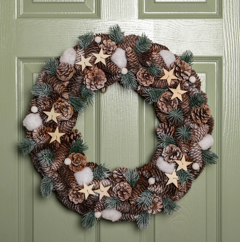 Image of 50cm Frosted Hanging Christmas Wreath with Pine Cones & Wooden Stars