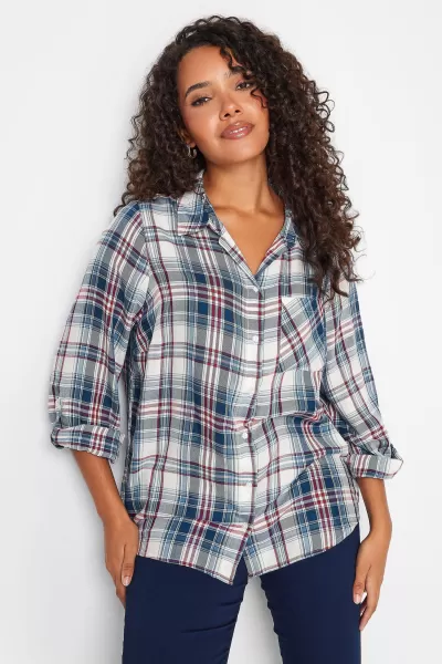 image of Petite Womens Check Print Cotton Boyfriend Shirt