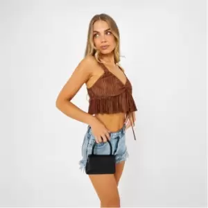 Missguided Plisse Tie Front Ruffle Hem Crop Top - Brown