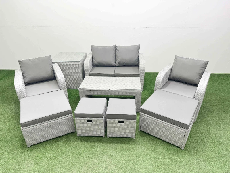 Image of Fimous Pe Wicker Rattan Furniture Sofa Sets With Oblong Coffee Table Love Sofa Reclining Chair Side Table 4 Stools