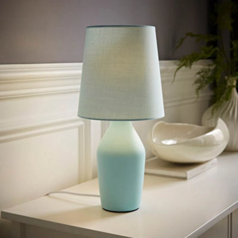 Image of ValueLights Arlo Compact Ceramic Table Lamp with Fabric Shade Blue