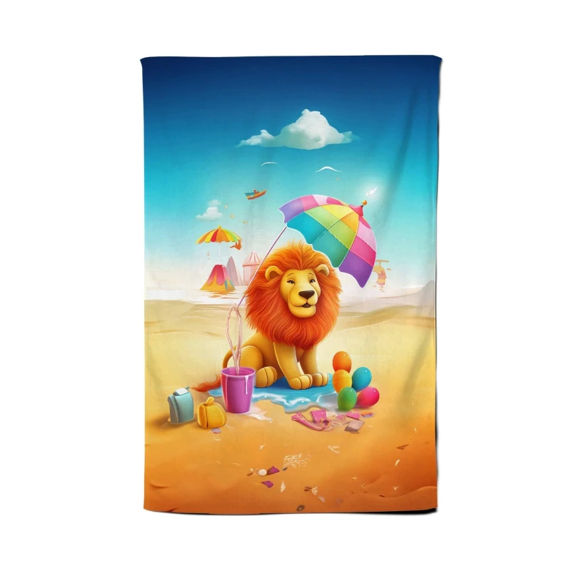 Image of Warren Reed - Designer Lion On A Beach Holiday Tea Towel in Yellow Yellow Unisex