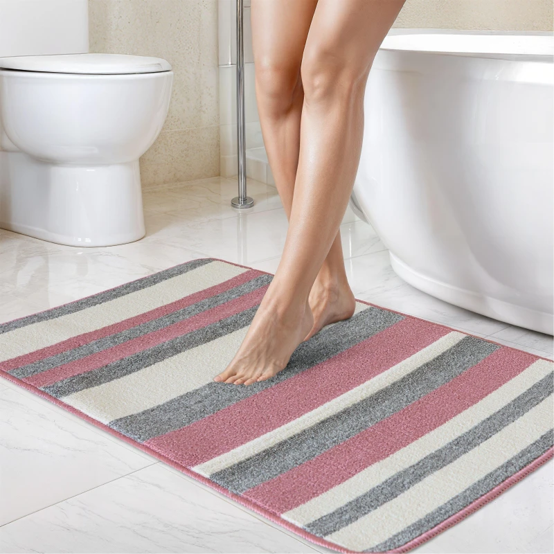 Image of Emma Barclay 2 Piece Bath Mat Set Soft Stripe Absorbent Jersey Pink unisex 45x75cm