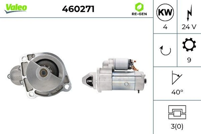Image of VALEO 460271 Starter motor VALEO RE-GEN REMANUFACTURED 4kW, 24V, Number of Teeth: 9 Starter (2)