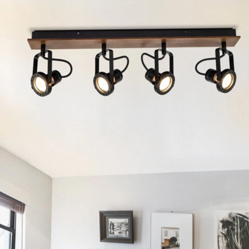Image of Cosylyte Riverton 4 Light Matt Black Spotlight With Walnut Wooden Backplate