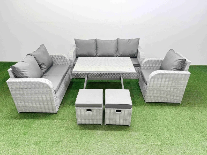 Image of Fimous Patio Dining Table & Chairs Set with Reclining Chair 2 Small Stool in Light Grey Light Grey Unisex