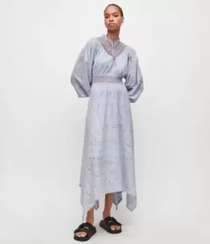 Image of AllSaints Womens Gen Broderie Maxi Dress, Blue/White, Size: 10