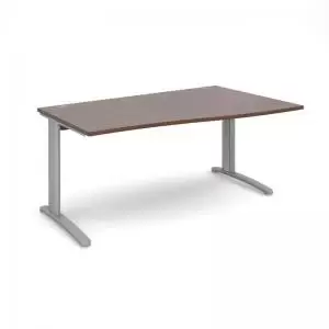 image of TR10 right hand wave desk 1600mm - silver frame and walnut top