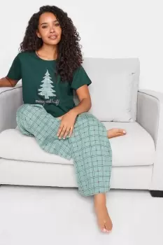 image of M&Co Green Christmas Tree Check Print Wide Leg Pyjama Set