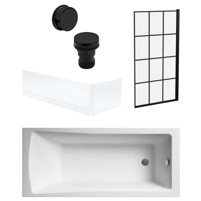 Image of Balterley Square Bath, Framed Black Screen, Panels, Black Waste 1700x700mm Black