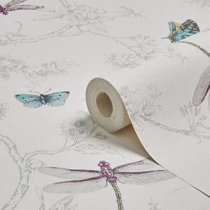 Image of Graham & Brown Contour White Nature trail Silver effect Textured Wallpaper