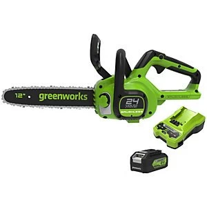 image of Greenworks 24V Cordless Brushless Chainsaw with 4Ah Battery & Charger - 30cm / 12inch