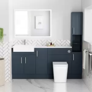 Image of 1800mm - 2100mm Blue Toilet and Sink Unit with Tall Cabinet Marble Effect Worktop and Chrome Fittings - Coniston
