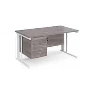 image of Maestro 25 straight desk 1400mm x 800mm with 3 drawer pedestal - white cable managed leg frame and grey oak top