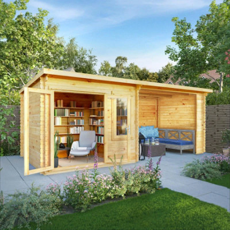 Image of Waltons 3M X 3M Pent Roof Wooden Log Cabin 28mm With Patio Area Garden Summerhouse Room