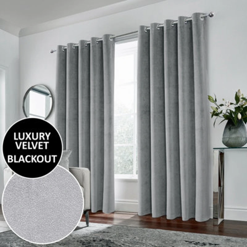Image of Luxury Enhanced Living Grey Velvet, Supersoft, 100% Blackout, Thermal Pair Of Curtains With Eyelet Top - 90 X 108" (229X274Cm)