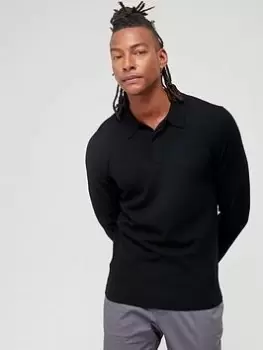 Image of Calvin Klein Merino Long Sleeve Polo Shirt - Navy, Black, Size L, Men