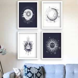 Image of SET_0101 Dark Blue White Decorative Framed Painting (4 Pieces)