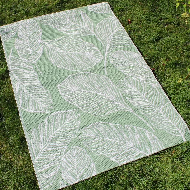 Image of Fusion 'Matteo' Leaf Print UV Resistant Outdoor Rug Green