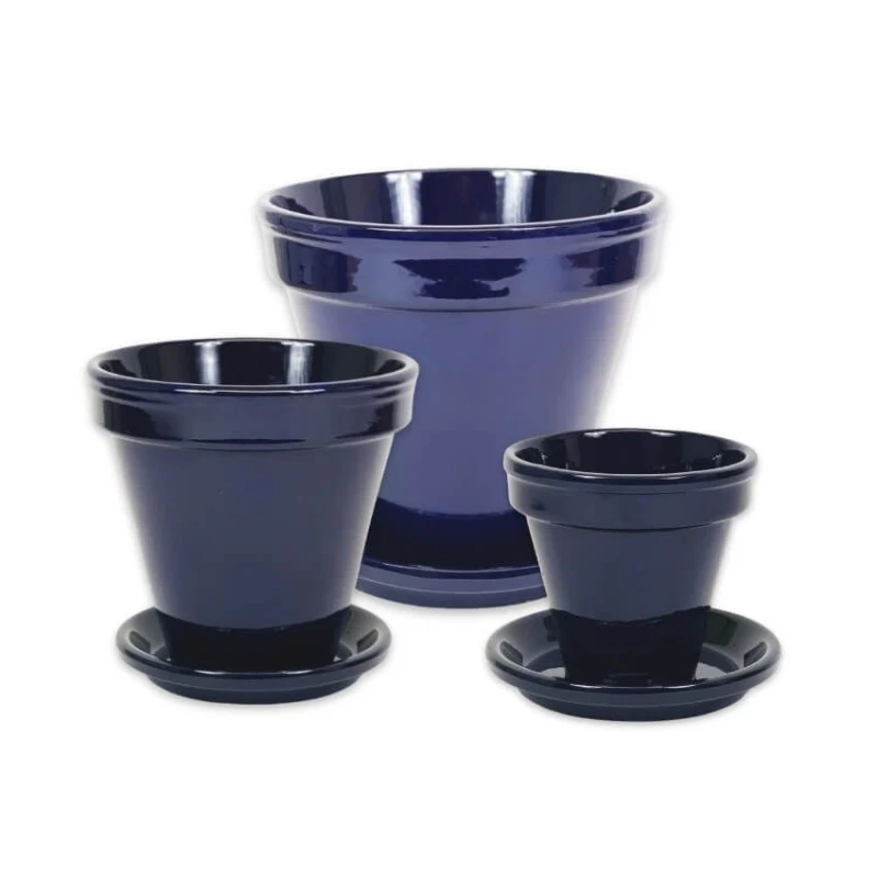 Image of Verano Spanish Ceramics Dipped Green Hand Painted Set of 3 Classic Pots & Drainage Plates (D) 16-29cm in Blue Blue Unisex
