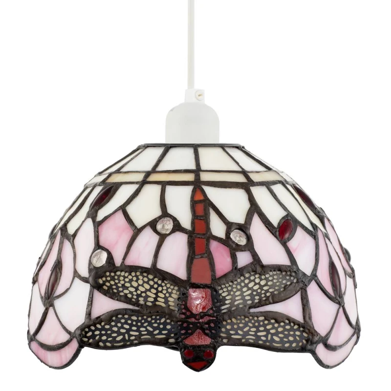 Image of Happy Homewares Pale Pink & White Stained Glass Dragonfly Tiffany Pendant Shade Pink Unisex