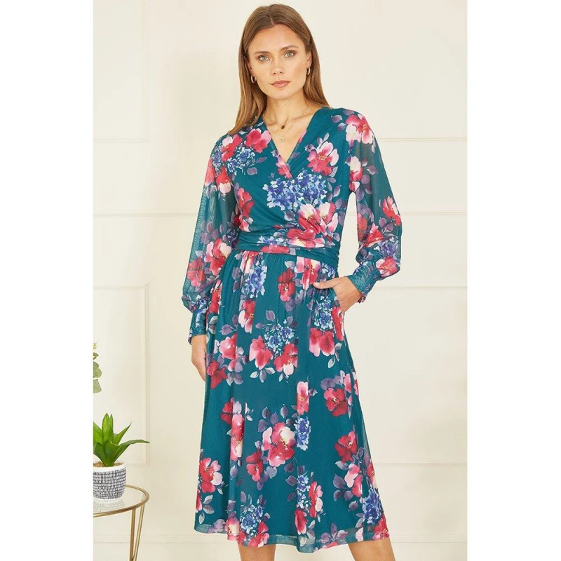 Image of Yumi Green Floral Print Stretch Mesh Dress With Pockets Green