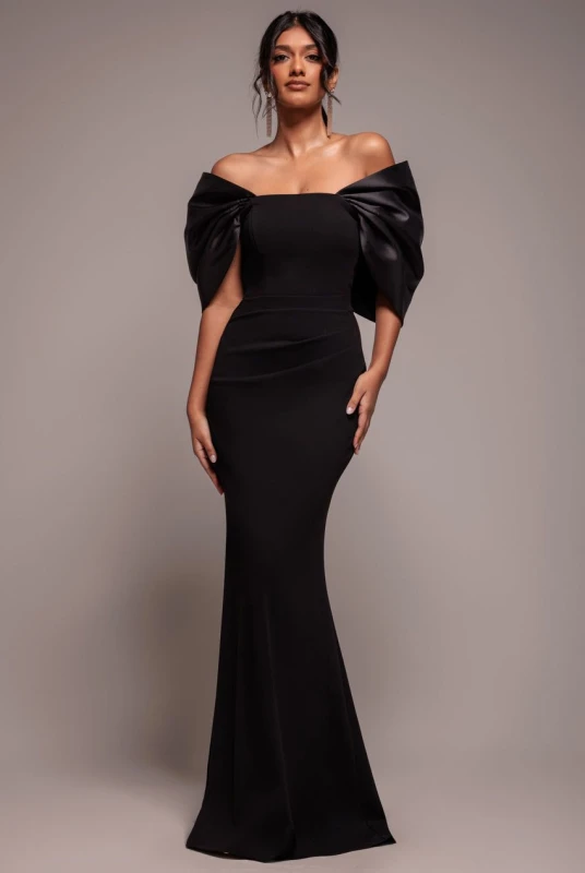 Image of Goddiva Womens Off Shoulder Back Satin Bow Scuba Maxi Dress in Black Size: 8 Black Female 8