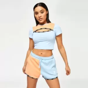 Image of 11 Degrees Womens Taped Colour Block Cut Out Slim Fit Short Sleeve T-Shirt - Baby Blue / Coral - UK 12/EU 40