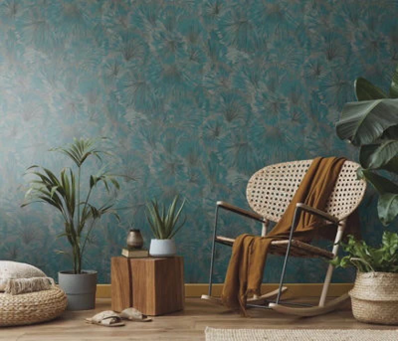Image of Erismann Designer Ginkgo Flower Wallpaper In Teal And Gold