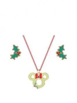 Disney Minnie Mouse Christmas Necklace And Holly Stud Earrings Set