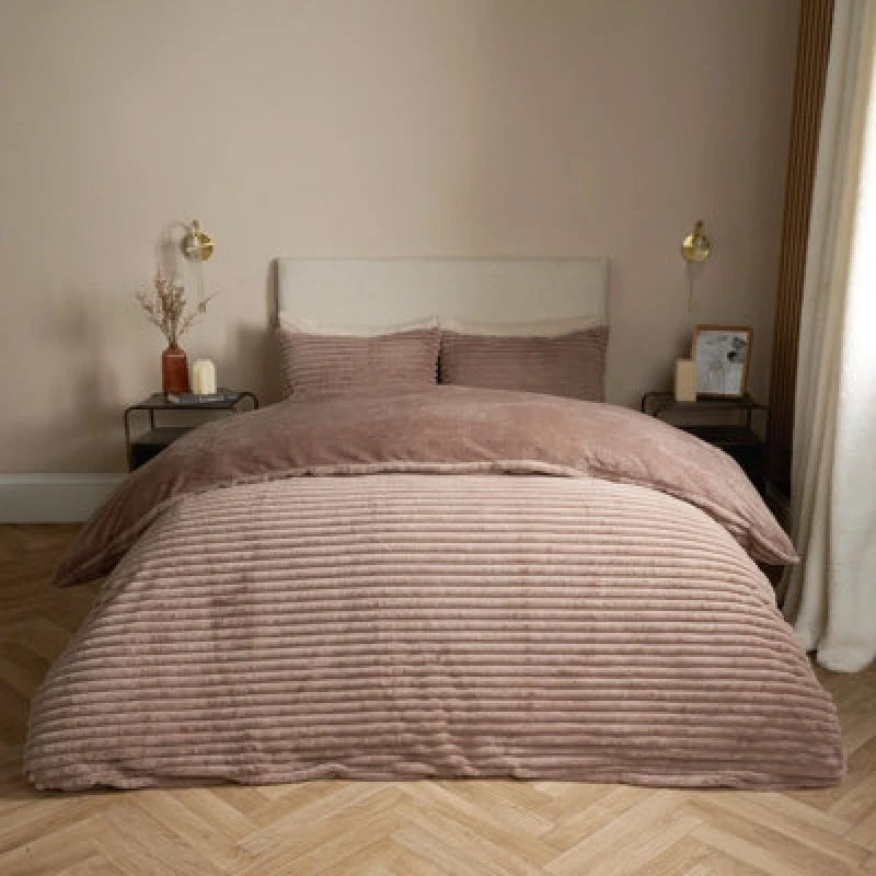 Image of OHS OHS Ribbed Duvet Cover Faux Fur Winter Warm Bedding Set in Natural Size: Double Natural Double Unisex 5027434189724