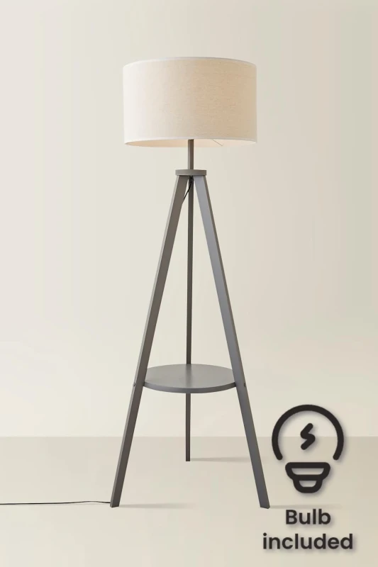 Image of ValueLights Morrigan Grey Wood Tripod Floor Lamp with Linen White Trim Drum Shade & Bulb Grey