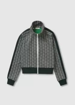 Image of Lacoste Womens Regular Fit Monogram Print Zip Sweatshirt Size 10 Green / Beige