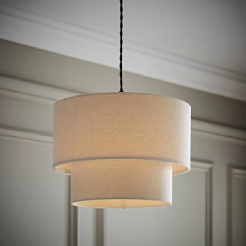 Image of ValueLights ValueLights Jodie Linen Two Tier Easy Fit Drum Ceiling Light Lamp Shade with Bulb in Natural Natural One Size Unisex 5059406069765