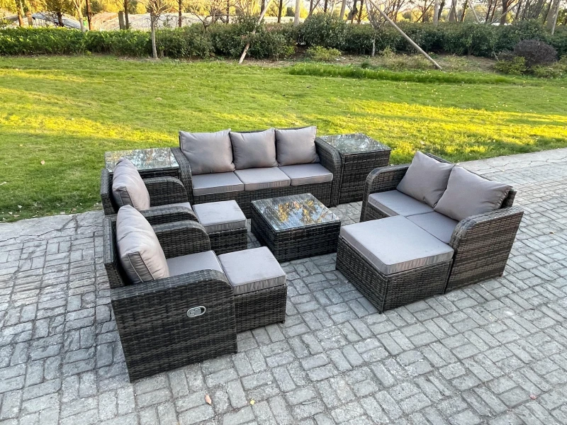 Image of Fimous 10 Seater Garden Furniture Set Rattan Outdoor Lounge Sofa Chair With Tempered Glass Table 3 Footstools 2 Side Tables Dark Grey Mixed Dark Grey